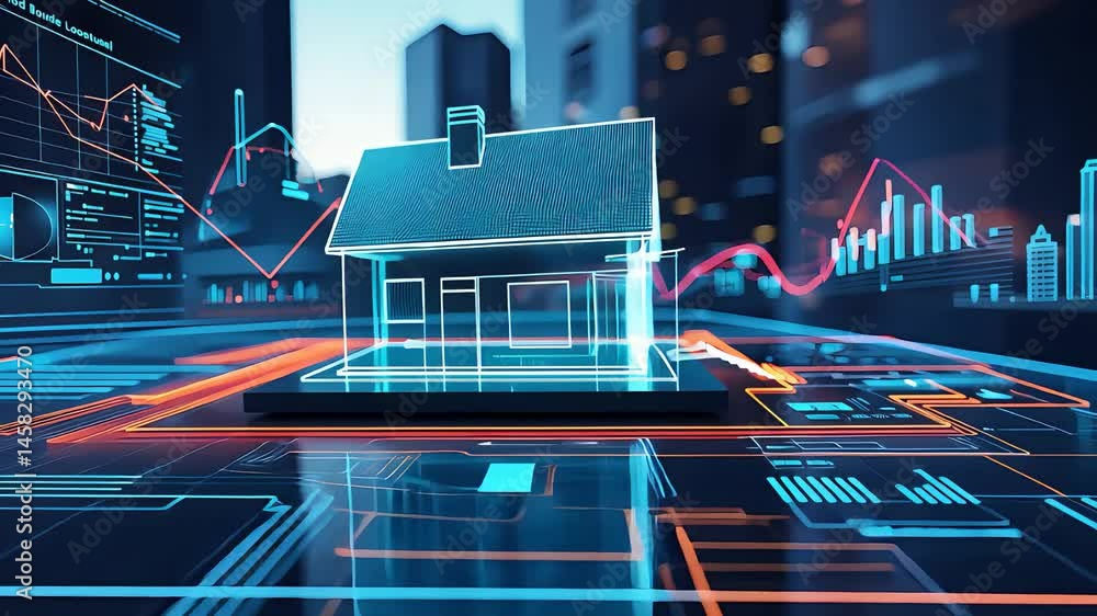 Aufkleber digital smart home interface displaying holographic house model with futuristic charts, data analyti