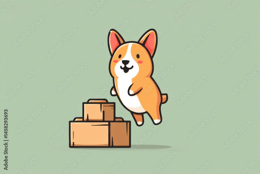Poster cute doggy icon jumping with excitement for pet food delivery, showcasing a playful mood with boxes 