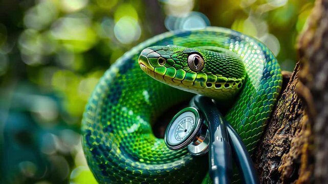 This striking green tree python is wrapped around a tree branch, surrounded by foliage in the gentle morning light, showcasing its vivid coloration and calm demeanor.