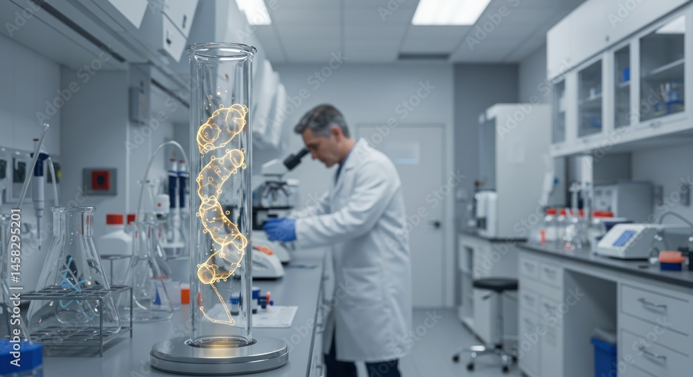 Poster scientist in lab coat examines specimen with microscope in a laboratory setting.