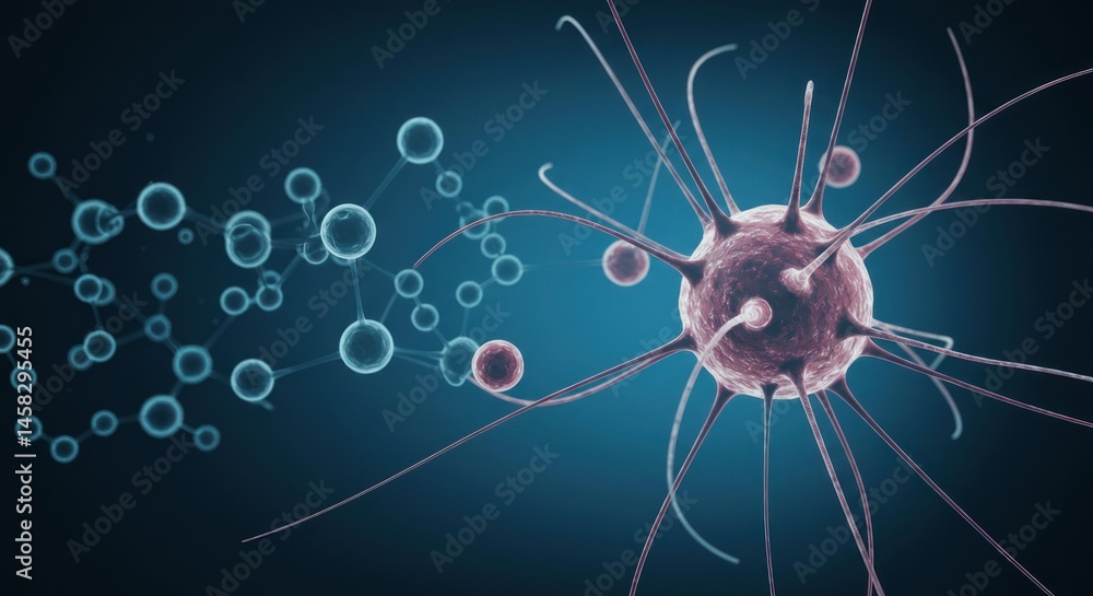 Poster neuron cell with dendrites and floating circles on a dark blue background.