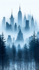 Obraz premium A misty cityscape superimposed over a dense evergreen forest, creating a surreal juxtaposition of urban and natural environments