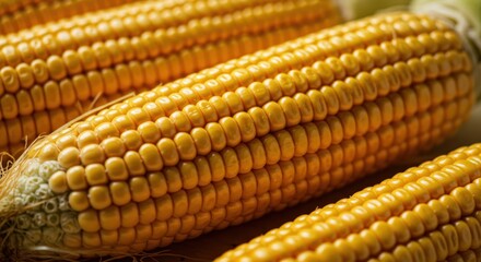 Several ears of corn are shown close up with yellow kernels visible.