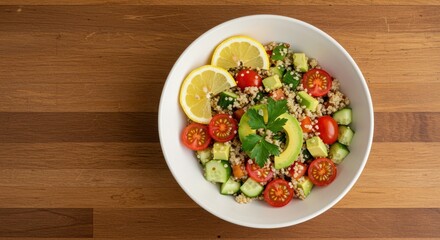 Bowl of salad with tomatoes avocado cucumber lemon and parsley on wood.