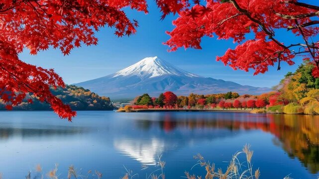 紅葉に彩られた富士山と湖の風景