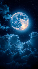 Enormous blue moon glowing amidst dark clouds and starry night sky