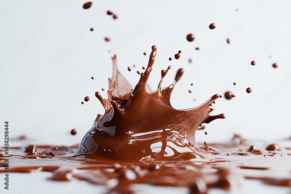 Poster chocolate splash creates dynamic patterns on white background in artistic presentation, chocolate sp