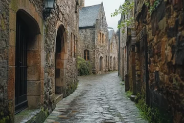 Photo sur Plexiglas Empty narrow medieval alley in springtime with cobblestones and stone buildings, Empty Narrow Medieval Alley in Springtime Seamless ing  background