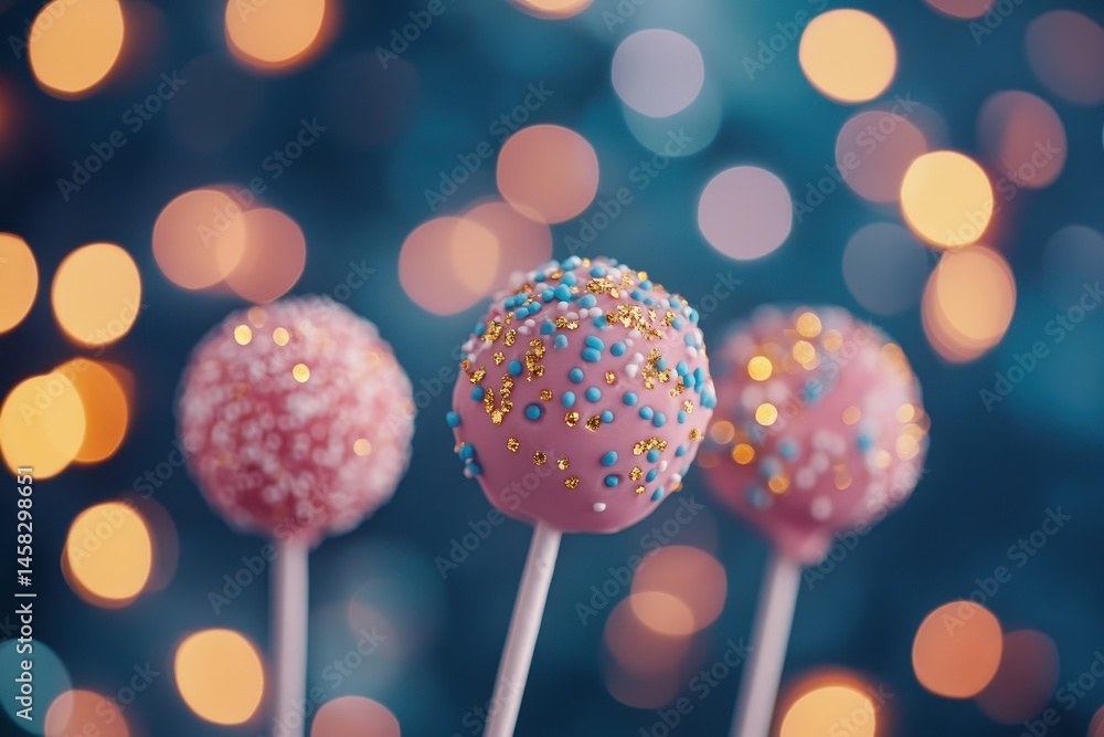 Poster glittering cake pops on sticks with colorful sprinkles and bokeh background for a delightful dessert