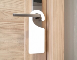 Blank door hanger mockup on modern hotel room door handle.