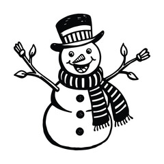 a cheerful snowman carrot nose  scarf vector art silhouette