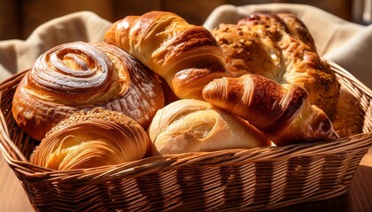 A close-up view of artisanal bread, croissants, and pastries placed in a woven market basket