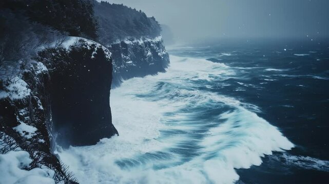 雪に覆われた断崖と荒れる冬の海岸線