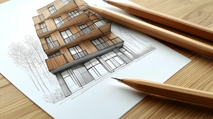 Fototapeta premium Architectural sketch of a modern, multi-story wooden building with balconies, displayed on a desk with pencils