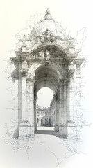 Fototapeta premium Architectural sketch of ornate arched gateway, leading to a classical building courtyard