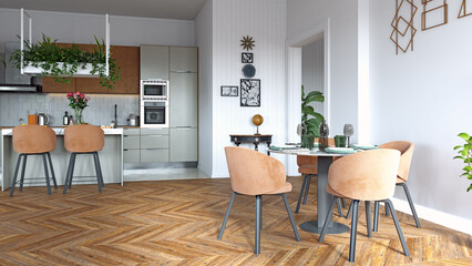 Modern kitchen with hanging plants