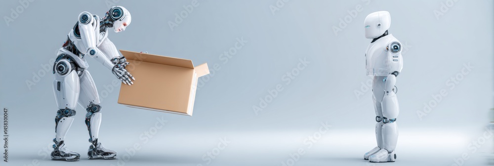 Leinwandbilder Futuristic Robot Courier Delivers Package to Humanoid Robot in Sleek Environment Generative AI
