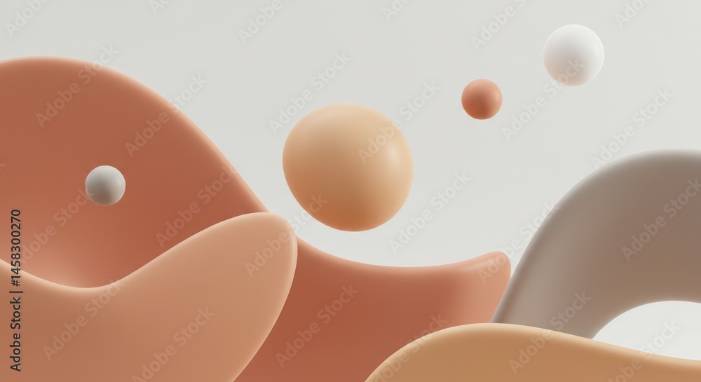 Poster abstract soft shapes and spheres in muted earth tones floating in space.