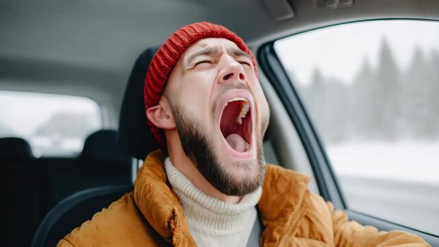 Man in a red hat is yawning in a car. The man is wearing a brown jacket and a white shirt