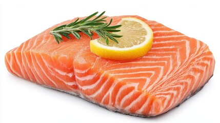 Fresh salmon fillet garnished with lemon slice and rosemary displayed on bright background showcasing vibrant culinary presentation and healthy eating lifestyle