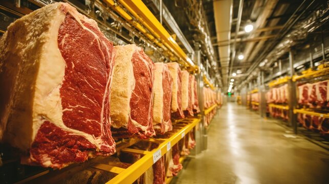 Rows of raw beef cuts hanging in a large industrial cold storage facility.  Multiple cuts are suspended from yellow racks