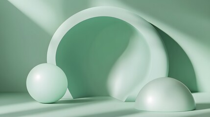 Abstract Pastel Green 3D Render Scene with Geometric Shapes