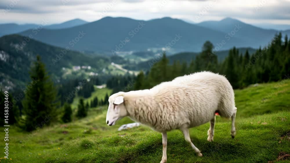 Poster white sheep stands in a grassy field with mountains in the background. the sheep is looking to the r