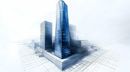 Sleek skyscraper dominates a city skyline, rendered in a stylized architectural blueprint