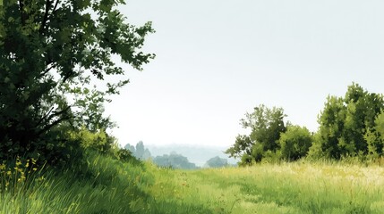 Serene Summer Meadow: Lush Greens, Hazy Hills, Impressionistic Style