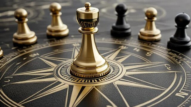 Golden chess queen stands on a compass rose with pawns in the background, strategy focus