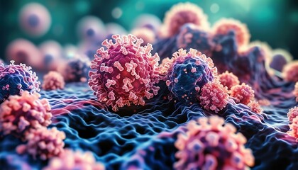 3D microscopic visualization of viral particles with spike proteins, background for healthcare and science themes