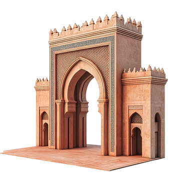 3D front view illustration of a Bab Mansour Morocco monument isolated on a white transparent background.