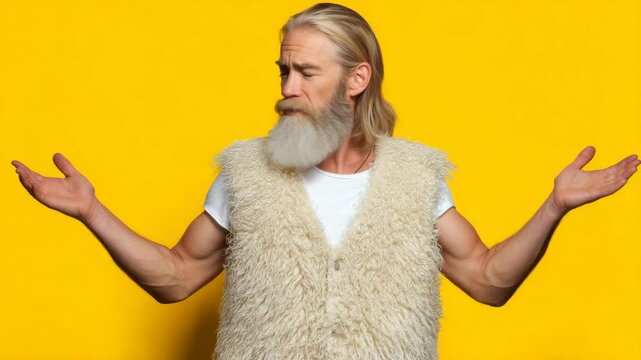 Man with a beard and a white vest is standing in front of a yellow background. He is looking at the camera with a puzzled expression on his face