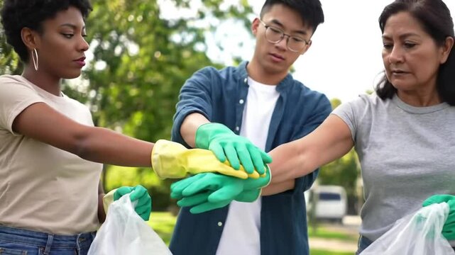 multiethnic activists putting on green rubber gloves, clasping hands together in middle, counting to three, for boosting morale before going on litter pick