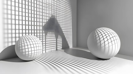 Abstract White Spheres Shadow Play Minimalist Studio Room