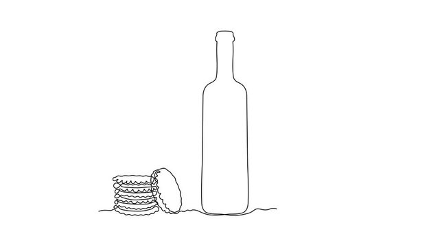 Glass bottle with wine,port, alcohol. wine glass, mulled wine, stack of cookies . continuous single one line art hand drawing sketch logo