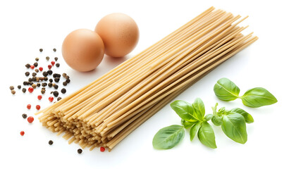 Tasty raw egg noodles isolated on white