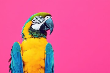 Exotic blue and yellow macaw displays vibrant plumage against pink background, Exotic macaw in yellow and blue plumage, standing out on a vivid pink background
