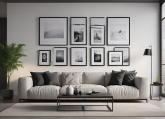 Minimalist living room, empty black frames gallery wall mockup, space, living room