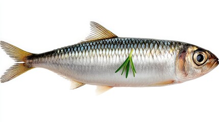 Obraz premium Freshly caught fish adorned with green herb presented against a bright clean background showcasing its glistening scales and details perfect for culinary and gastronomic photography