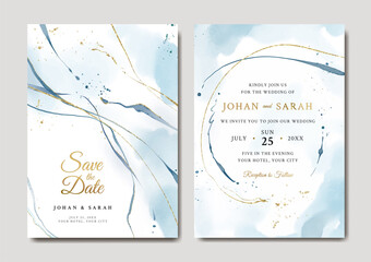 Beautiful blue abstract watercolor wedding invitation template