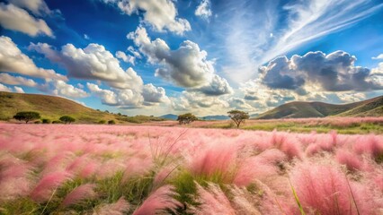 Clouds in Soft Pink Hues Over Muhly Grass, wildflower field, gentle hills,  wildflower field