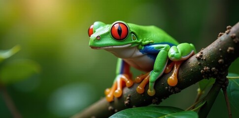 Red-eyed tree frog clinging to a delicate bloom , animal, wet