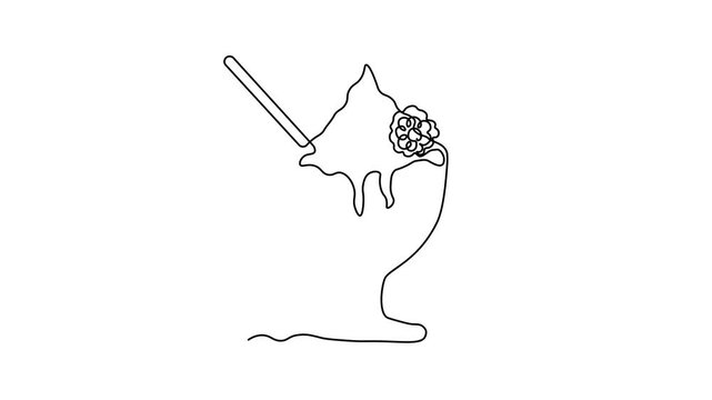 Abstract dessert with cream, raspberry, blackberry and straw in creamer, ice cream, cocktail. Self drawing animation one continuous line draw, logo