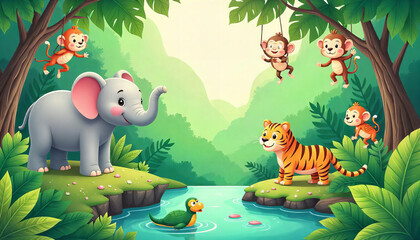 Naklejka premium Cartoon Jungle Scene with Animals
