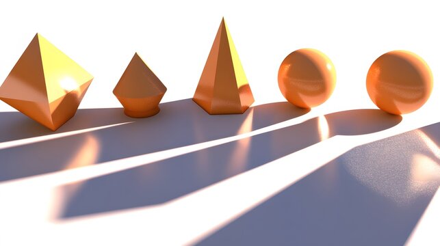 Golden Geometric Shapes, 3D Render of Sphere, Cone, Pyramid, Octahedron - Powered by Adobe