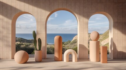 Coastal Minimalist Archway Scene with Geometric Shapes and Cactus