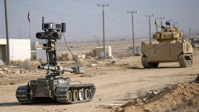 Tracked robot with camera system and tank in outdoor desert setting
