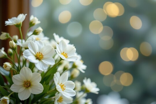elegant white flowers with soft bokeh background, mourning and funeral imagery with copy space for text