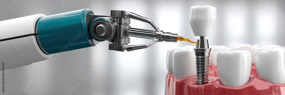 Poster dental robot arm performing implant insertion into gum model with precision and accuracy generative 